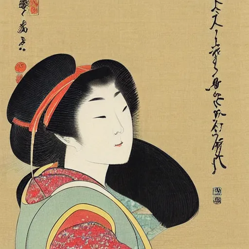 Image similar to by uemura shoen medieval, biopunk relaxed, exciting. painting. a beautiful illustration of a young girl with long flowing hair, looking up at the stars. she appears to be dreaming or lost in thought.