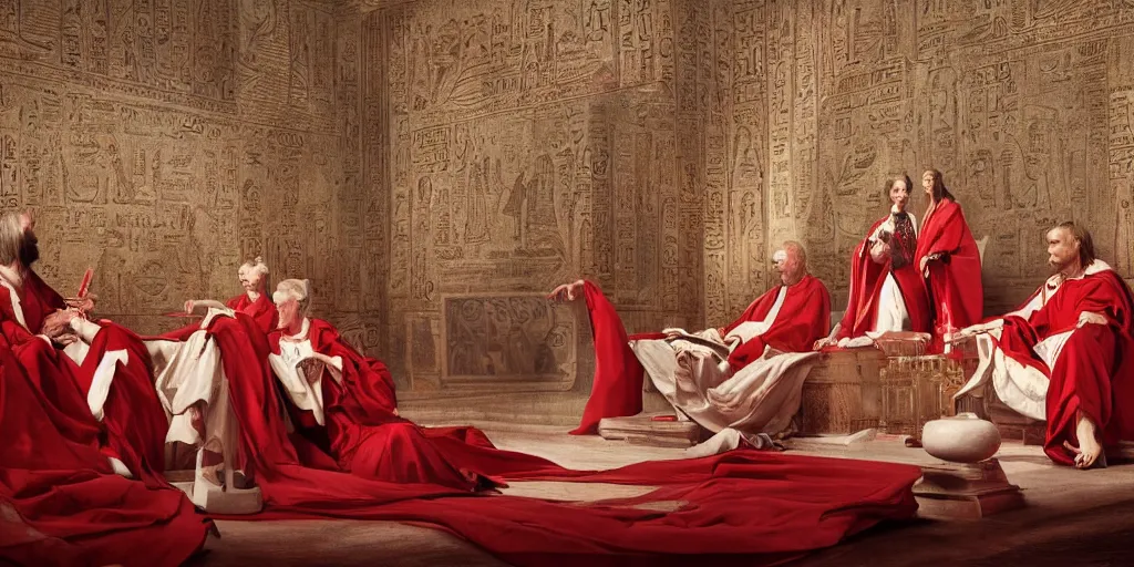 Image similar to beautiful oil matte portrait painting, ancient senators in red and white robes sit in tribunes, egyptian mosaic background, highly detailed, beautiful cinematic light deep focus, elegant, digital painting, smooth, sharp focus, golden ratio, dramatic illumination, art by aleksi briclot, rutkowski and caravaggio