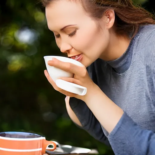 Prompt: mix between woman and bird, having a cup of coffee.