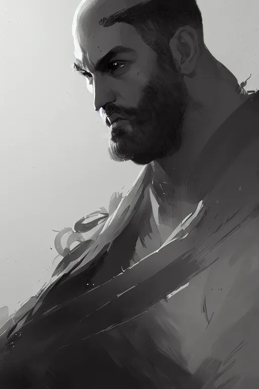 Prompt: Arab man light beard, bald, swordsman, modern, hero, black and white, highly detailed, digital painting, artstation, concept art, sharp focus, illustration, by greg rutkowski