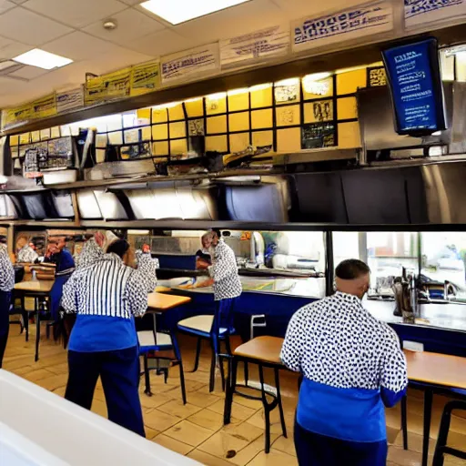 Image similar to busy wafflehouse interior with customers eating breakfast and wafflehouse employees in blue and black uniform serving food and some cooking food behind countertop