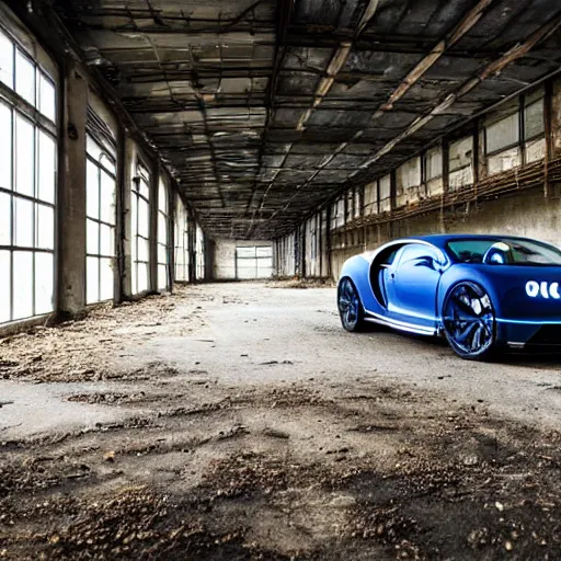 Image similar to an abandoned, derelict, ( really rusty ) bugatti chiron in a dirty warehouse