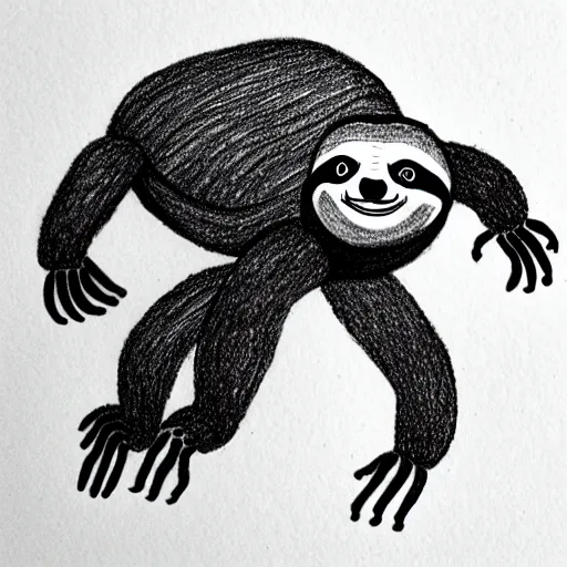 Image similar to sloth with eight arms, drawn with a black 0. 3 mm fineliner on a white paper