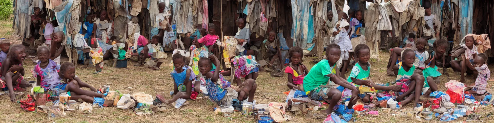 Prompt: african children playing in the shanty town while old grandparents watch from the veranda