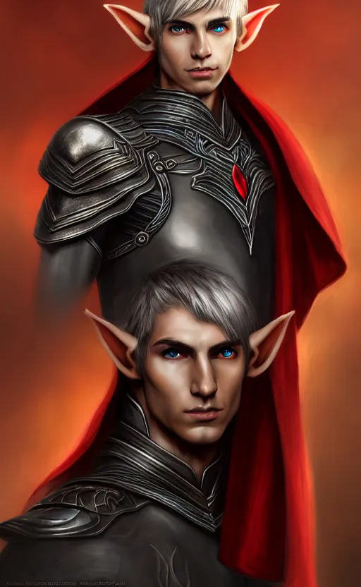 Image similar to A medium shot portrait of a male elf, he is about 20 years old, attractive, lean but muscular, serious composure, short silver hair, prideful look, he is wearing black heavy armor with gold plating and a red cape, highly detailed portrait, digital painting, ArtStation, concept art, smooth, sharp focus illustration, ArtStation HQ