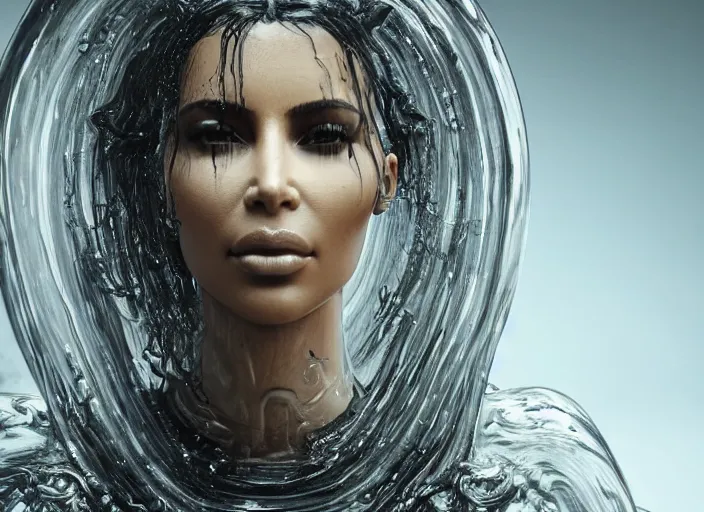 Image similar to epic still of kim kardashian trapped in a transparent alien liquid, wet flowing hair, gooey skin, illustration, unreal engine 5, 8 k, made by h. r. giger.