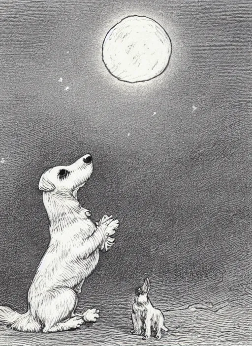 Image similar to candid portrait of jack russel dog looking up barking at the moon, night sky, highly detailed, side view, illustrated by peggy fortnum and beatrix potter and sir john tenniel