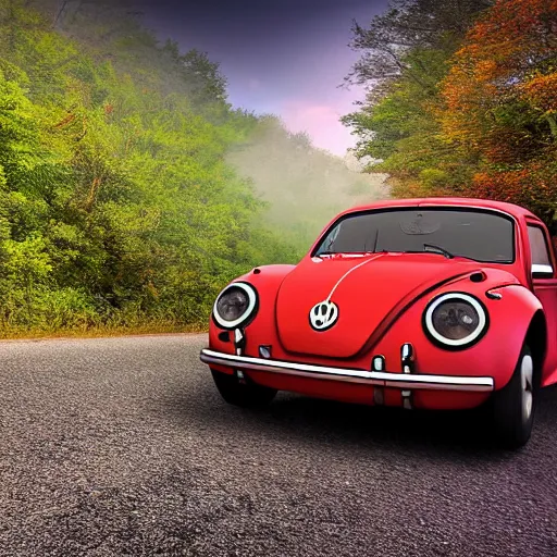 Prompt: promotional scifi - mystery movie scene of a ( volkswagen beatle ) and ladybug hybrid that's more ladybug. racing down a dusty back - road in smokey mountains tennessee. cinematic, 4 k, imax, 7 0 mm, hdr