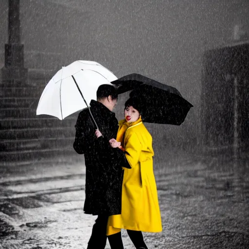 Prompt: A dramatic portrait of a couple wearing yellow rain coat , holding red umbrella , walking in a black and white street . Cinematic lighting