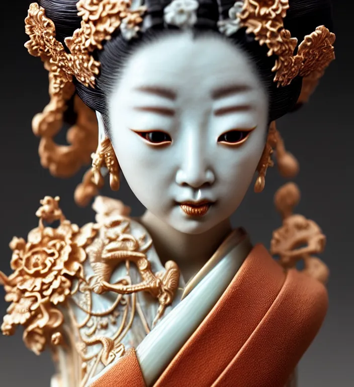 Image similar to Geisha, A Close up photo-real delicate ceramic porcelain sculpture of a symmetrical ornate detailed in front of an intricate background by Victo Ngai and takato yamamoto, micro detail, backlit lighting, face in focus, subsurface scattering, translucent, thin porcelain, octane renderer, colorful, physically based rendering, japanese pottery, trending on cgsociety