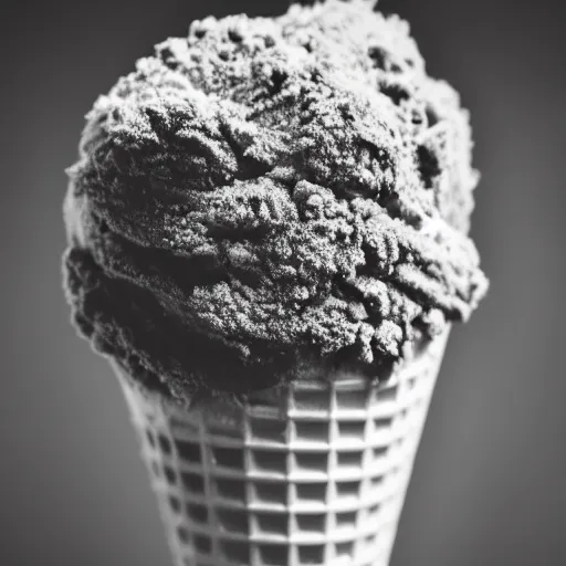 Prompt: macro photo of an ice cream cone covered in dirt and hair