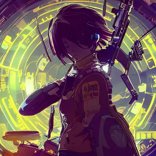 Prompt: Frequency indie album cover, luxury advertisement, golden filter, golden and black colors. highly detailed post-cyberpunk sci-fi close-up cyborg assassin schoolgirl in asian city in style of cytus and deemo, mysterious vibes, by Ilya Kuvshinov, by Greg Tocchini, nier:automata, set in half-life 2, beautiful with eerie vibes, very inspirational, very stylish, with gradients, surrealistic, dystopia, postapocalyptic vibes, depth of field, mist, rich cinematic atmosphere, perfect digital art, mystical journey in strange world, beautiful dramatic dark moody tones and studio lighting, shadows, bastion game, arthouse