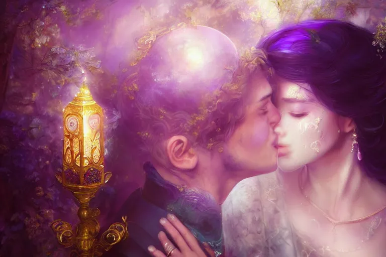 Image similar to a dreamlike cinematic portrait of wedding photograph close up moment of a divine a russia sun god and moon goddess lovers magician at a wedding banquet. portraiture. digital painting. artstation. concept art. fantasy wedding photo. digital painting, 8 k realistic, hyper detailed, violet evergarden art masterpiece by art by krenz cushart