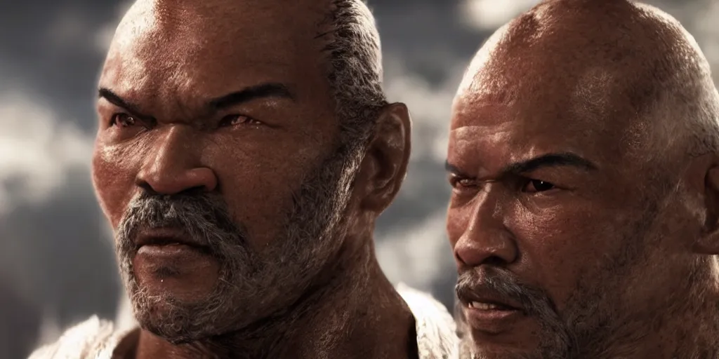 Image similar to a film still of a black man starring in a japanese blockbuster film as heihachi from tekken, shallow depth of field, cinematic, award winning cgi, vfx, film still