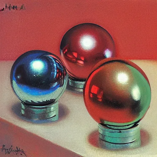 Prompt: chrome spheres on a red cube by henry wallis