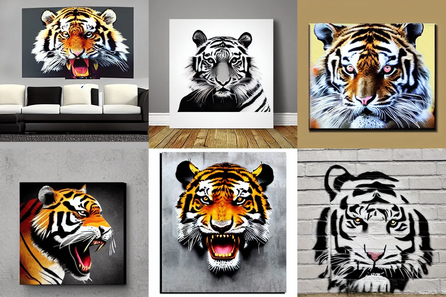 Prompt: angry tiger face banksy style wall art