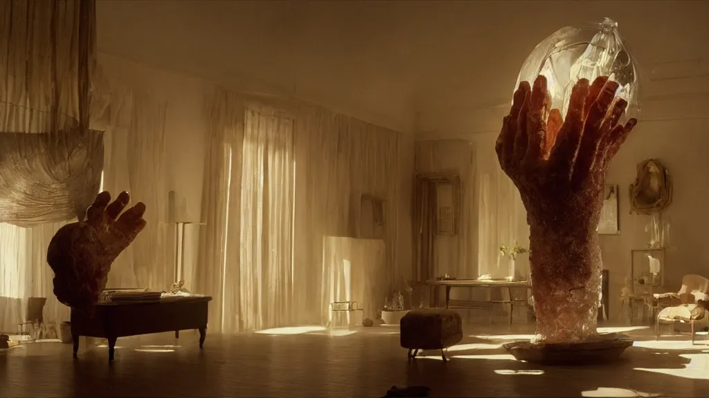 Image similar to a giant hand made of wax and water floats through the living room, film still from the movie directed by Denis Villeneuve with art direction by Salvador Dalí, wide lens