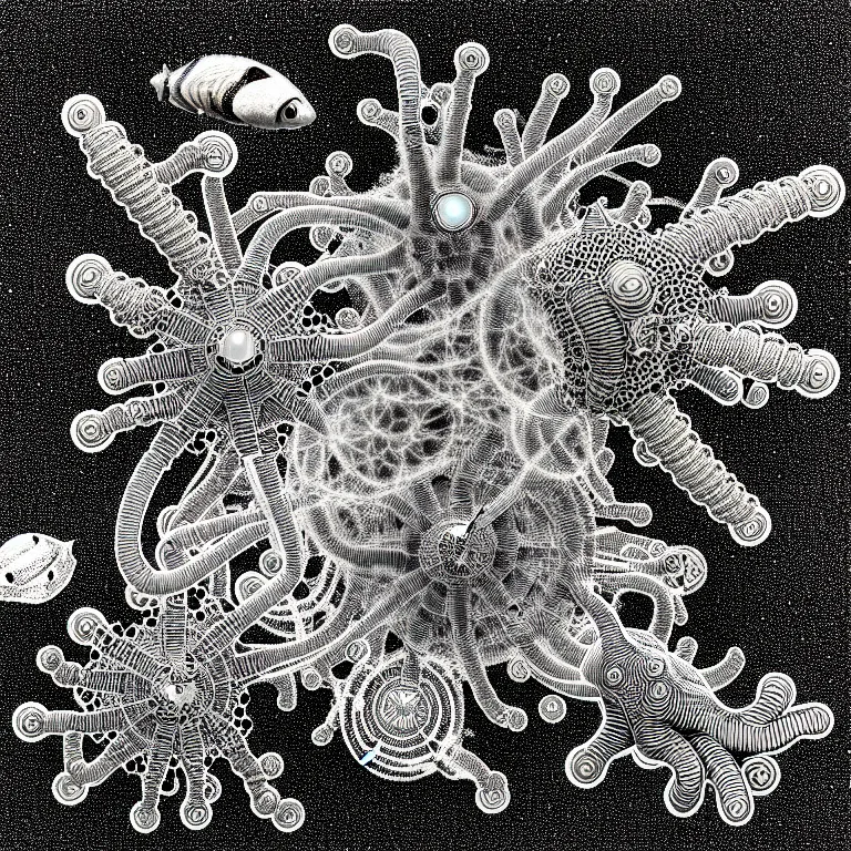 Image similar to a black and white drawing of a variety of sea life and filled with gundam mech equipment space station, a microscopic photo by ernst haeckel, zbrush central, kinetic pointillism, bioluminescence, intricate patterns, photoillustration