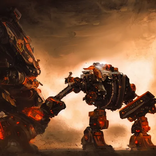 Prompt: failing mecha, dark messy smoke - filled cluttered workshop, dark, dramatic lighting, orange tint, cinematic, highly detailed, sci - fi, futuristic, movie still