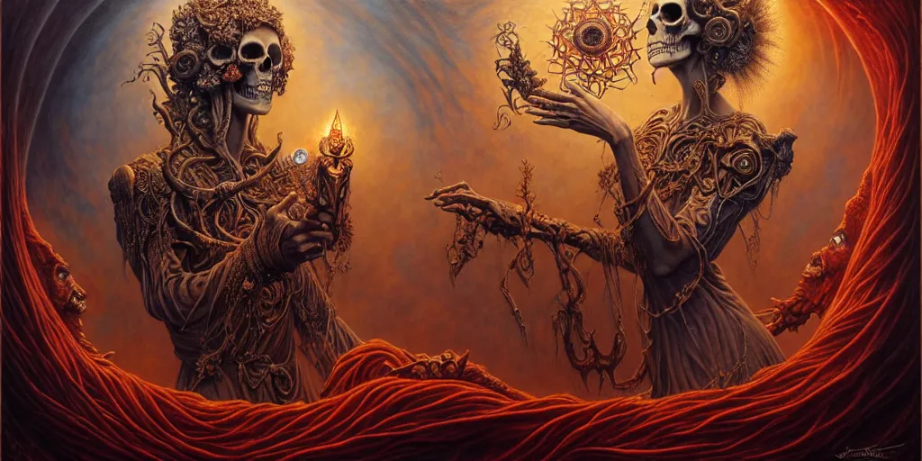 Image similar to A beautiful detailed orixa, tarot card, by tomasz alen kopera and Justin Gerard, symmetrical features, ominous, magical realism, texture, intricate, ornate, royally decorated, skull, skeleton, whirling smoke, embers, red adornements, red torn fabric, radiant colors, fantasy, trending on artstation, volumetric lighting, micro details, 3d sculpture, ray tracing, 8k, anaglyph effect