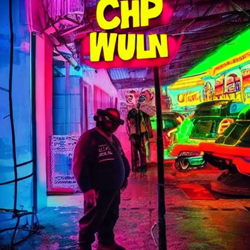 Image similar to El Chapulin Colorado in a Cyberpunk world, futuristic, neon lighting