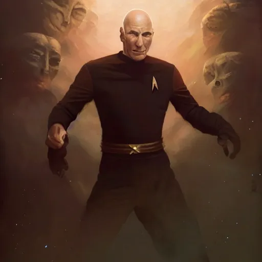 Prompt: Jean Luc Picard violently murdering an alien from Star Trek, highly detailed, digital painting, artstation, concept art, smooth, sharp focus, illustration by Artgerm and Greg Rutkowski and Tom Bagshaw