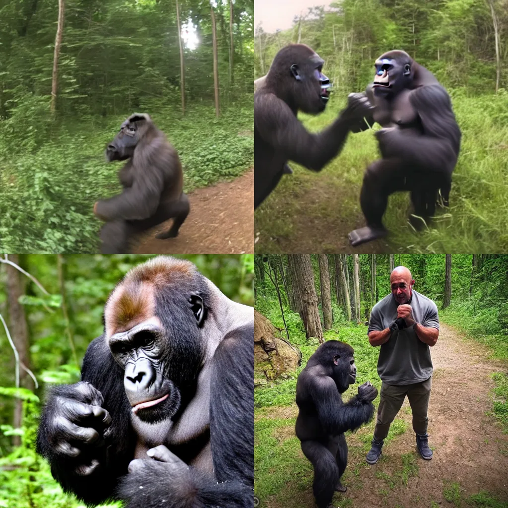 Prompt: Trail Cam Photo of Joe Rogan slapping a Gorilla