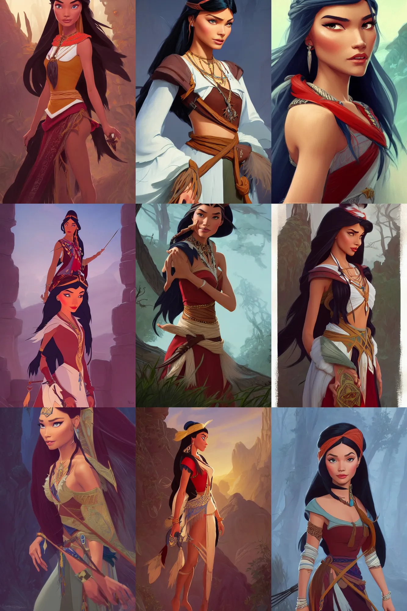 Prompt: fashion and character design spot illustrations from disney's pocahontas combined with assassin's creed 2, d & d, fantasy, intricate, elegant, highly detailed, digital painting, artstation, concept art, matte, sharp focus, illustration, hearthstone, art by artgerm and greg rutkowski and alphonse mucha