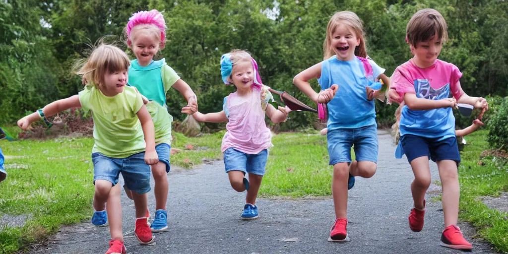 Prompt: children running with large scissors, named scissor tag