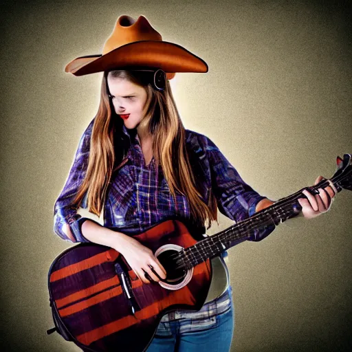 Image similar to a female fox animal, wearing cowboy hat, wearing plaid shirt, playing guitar, inside a barn, album cover style