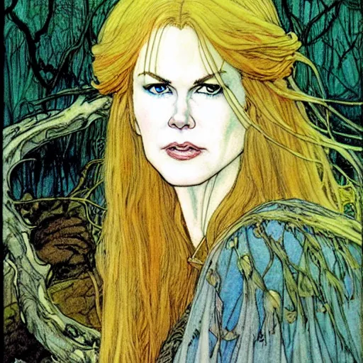 Prompt: a realistic, very beautiful and atmospheric portrait of a young and lithe nicole kidman as a druidic warrior wizard looking at the camera with an intelligent but seductive gaze by rebecca guay, michael kaluta, charles vess and jean moebius giraud