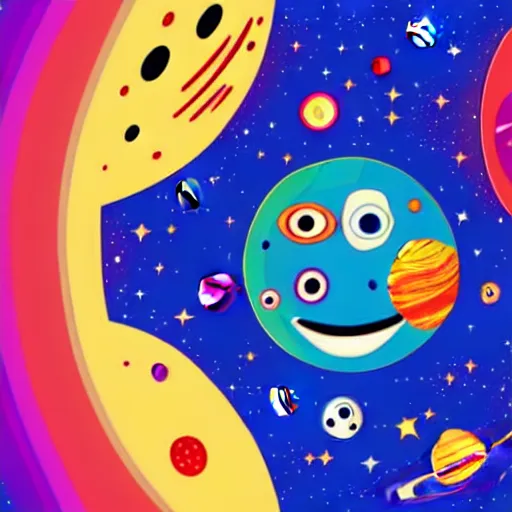 Image similar to outer space view of living planet with cartoon faces, style by kurzgesagt and pixar and dreamworks and disney