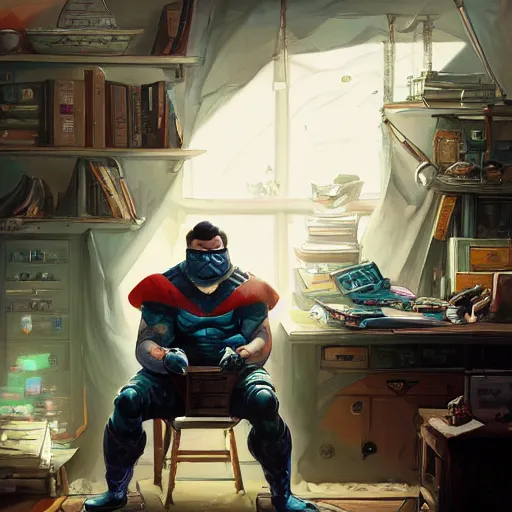 Image similar to a insanely detailed painting of a stocky masked asian man wearing a superhero costume sitting at a desk, staring at the nervously at the computer and typing, in the style of peter mohrbacher, dramatic lighting and composition, trending on artstation, concept art, comic book
