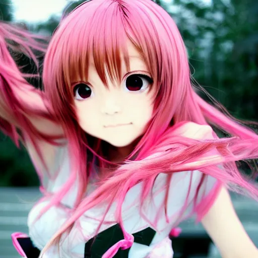 Image similar to ”Japanese anime girl, pink, extremely beautiful, action shot, by Kurahana Chinatsu”