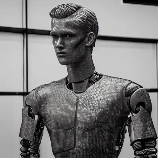 Image similar to a realistic detailed photo of a guy who is an attractive humanoid who is half robot and half humanoid, who is a male android, soccer player martin ødegaard, shiny skin, posing like a statue, blank stare, by the pool, on display, showing off his muscles, humanoid robot, frozen ice statue