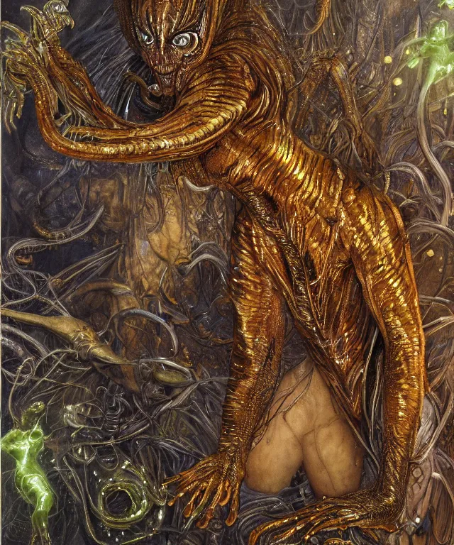 Prompt: a portrait photograph of a fierce sadie sink as a strong alien harpy queen with amphibian skin. she trying on a glowing and fiery lace shiny metal slimy organic membrane parasite catsuit and transforming into an evil insectoid snake tiger. by donato giancola, walton ford, ernst haeckel, peter mohrbacher, hr giger. 8 k, cgsociety