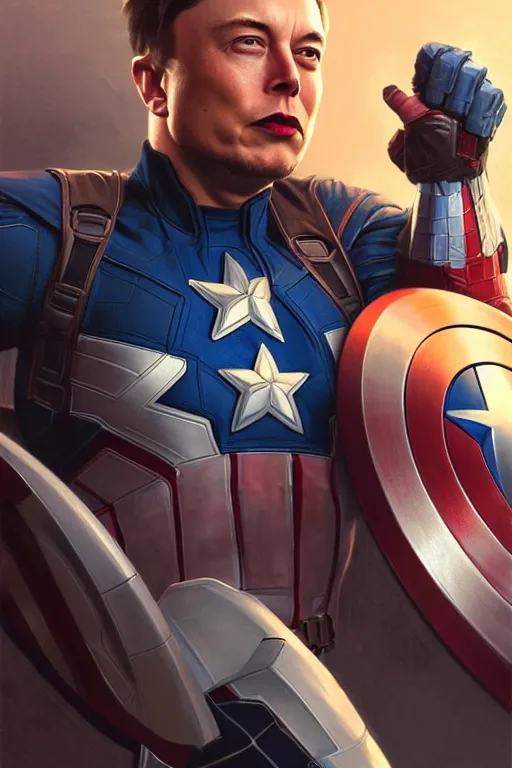 Image similar to elon musk as captain america, marvel character, portrait, highly detailed, digital painting, artstation, concept art, smooth, sharp focus, illustration, cinematic lighting, art by artgerm and greg rutkowski and alphonse mucha