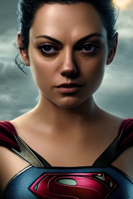 Prompt: a fancy close up of Man of Steel cast as Mila Kunis by Greg Rutkowski, Sung Choi, Mitchell Mohrhauser, Maciej Kuciara, Johnson Ting, Maxim Verehin, Peter Konig, 8k photorealistic, cinematic lighting, HD, high details, dramatic, trending on artstation, full body shot