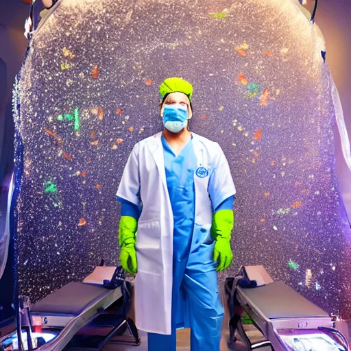 Image similar to A high resolution photograph of a surgeon standing in an operating room, surrounded by new technology and glitter, infused with lightning, very aesthetic, surgical gown and scrubs on, full length, exquisite detail, post-processing, masterpiece, cinematic, 8k, magazine cover