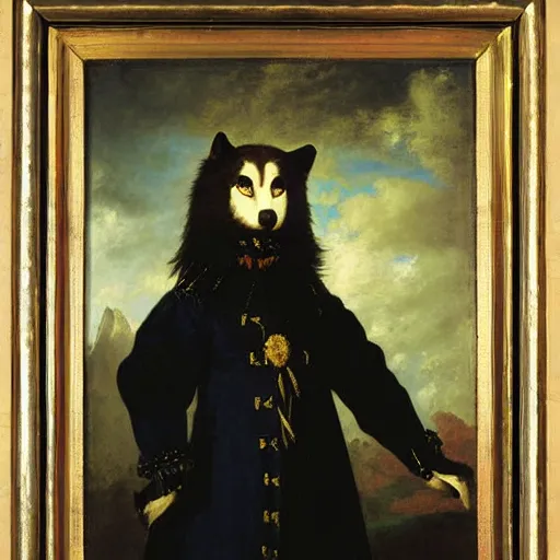 Prompt: A painting of an anthropomorphic wolf wearing a black doublet by Robert Cleminson and Albert Bierstadt