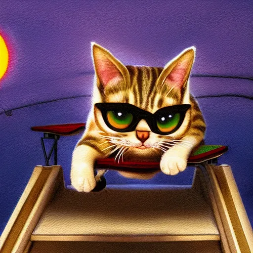 Image similar to Extremely cute and adorable 8k HD key visual of a cat skateboarding on a ramp at sunset, official media, lowbrow painting by Mark Ryden. The art style is quite chibi, with large heads and big wide eyes. 3D render diorama Macro photography