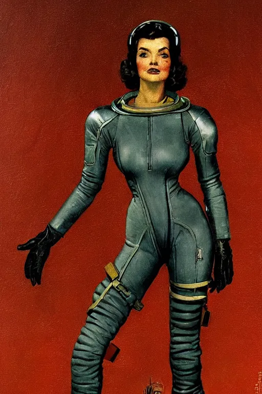 Image similar to 5 0 s pulp scifi fantasy illustration full body portrait slim mature woman in leather spacesuit on mars, by norman rockwell, roberto ferri, daniel gerhartz, edd cartier, jack kirby, howard v brown, ruan jia, tom lovell, frank r paul, jacob collins, dean cornwell, astounding stories, amazing, fantasy, other worlds