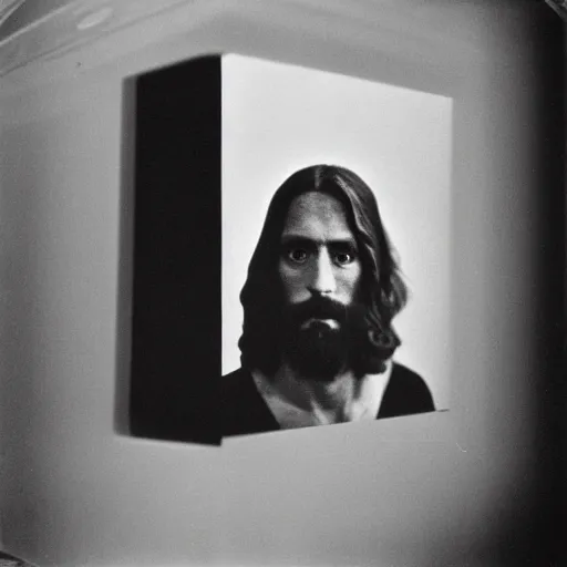 Image similar to photo of Jesus Christ by Diane Arbus, black and white, high contrast, Rolleiflex, 55mm f/4 lens