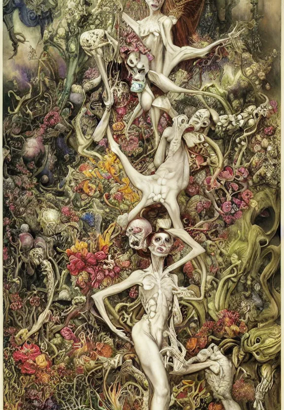 Prompt: simplicity, elegant, colorful muscular eldritch bodies and bones radiating from fractal, orchids, flowers, mandala, white bones, by h. r. giger and esao andrews and maria sibylla merian eugene delacroix, gustave dore, thomas moran, pop art, chiaroscuro, biopunk, art nouveau