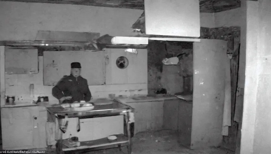 Image similar to a headless man in a stalinist style kitchen, by mini dv camera, very very low quality, heavy grain, very blurry, accidental flash, webcam footage, found footage, security cam, caught on trail cam