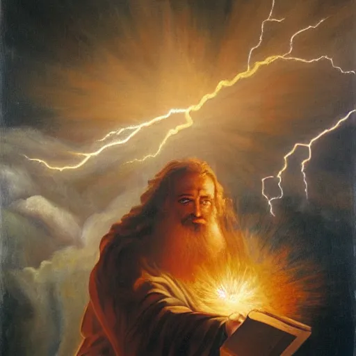 Image similar to A painting of Moses holding up the ten commandments with lightning, fire and pillars of smoke