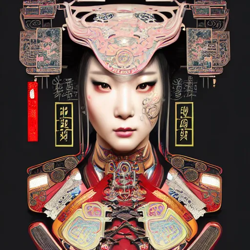 Image similar to a portrait of a female cyberpunk machine, machine face, upper half portrait, decorated with chinese opera motifs, asian, fine china, wuxia, traditional chinese art, intricate, elegant, highly detailed, symmetry, headpiece, digital painting, artstation concept art smooth sharp focus, illustration, art by artgerm and greg rutkowski alphonse mucha 8 k