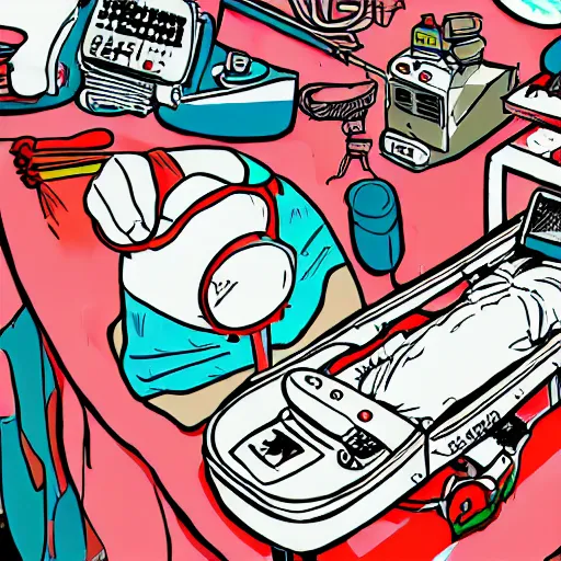 Image similar to chinese surgery operating table, in the style of daniel johnston and outsider art, 8k, line brush, overlaid with chinese adverts