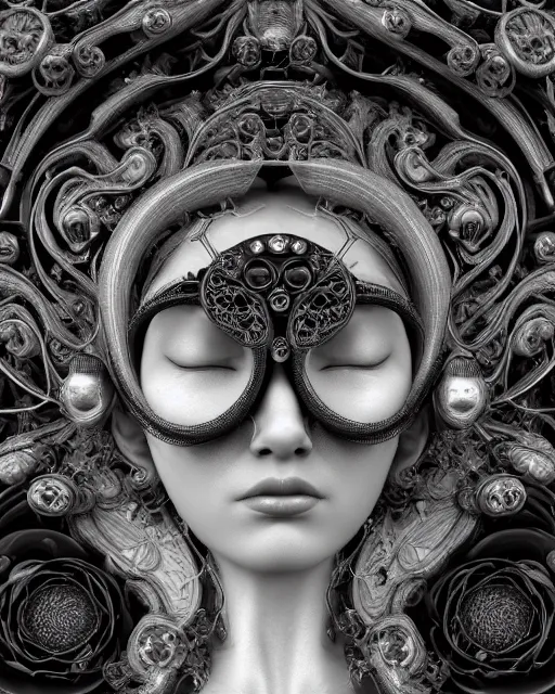 Prompt: mythical dreamy black and white organic bio-mechanical spinal ribbed profile face portrait detail of translucent steampunk beautiful siamese sisters females angelic-human-queen-vegetal-cyborg, highly detailed, intricate trnaslucent ivy jelly ornate, poetic, translucent roses ornate, 3D render, digital art, octane render, 8K artistic photography, photo-realistic, by Dora Maar
