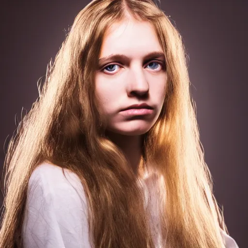 Image similar to a portrait of a beautiful sad female with long hair, caucasian, soft cinematic one-point lighting, Canon, by Yousuf Karsh, colorized 4k